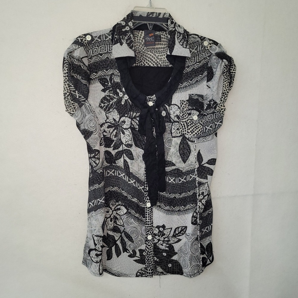 ANAC‎ Designed by Kimi Shirt XL Black White Abstract Print Mesh Button Up Blouse